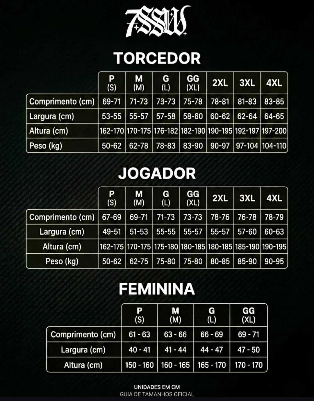 Tabela de medidas da camiseta