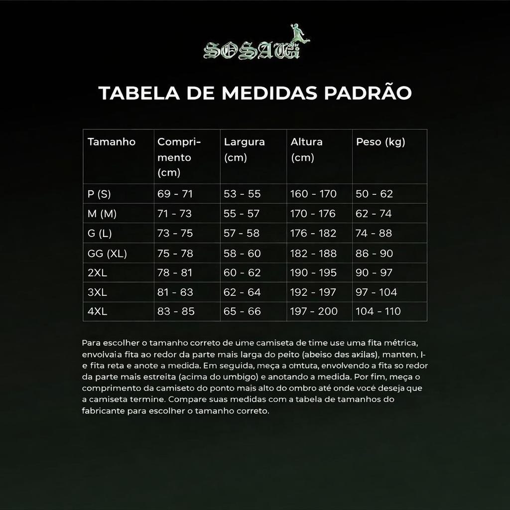 Tabela de medidas da camiseta
